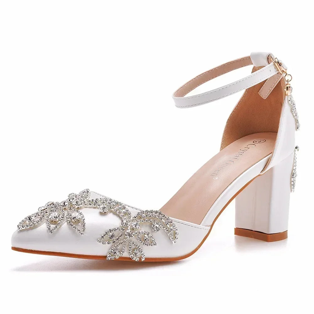 2026 Thick Heel Pointed Toe Shoes Large Size  Thick Heel Sandals Women Rhinestone Wedding Shoes Women White Wedding Shoes Drill