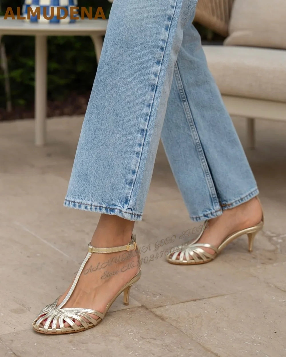 ALMUDENA Champagne Gold Silver Strappy Sandals Stiletto Heel T-Bar Narrow Band Caged Summer Dress Shoes Hollow Out Banquet Shoes