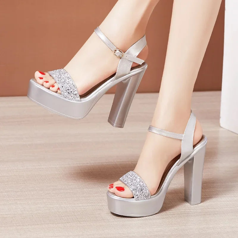 Maogu Block High Heels Wedding Shoes Silver Gold 203 Elegant Ladies Shoe Summer Bling Chunky Platform Sandals Women Size 32 43