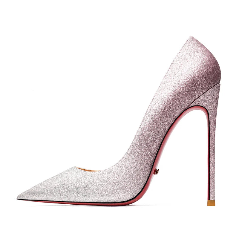 Women's Shoes Shiny Luxury Brand Pumps Red Bottom Pointed Toe Glitter Basic High Heels Female Prom Party Ladies Shoes Women 12cm