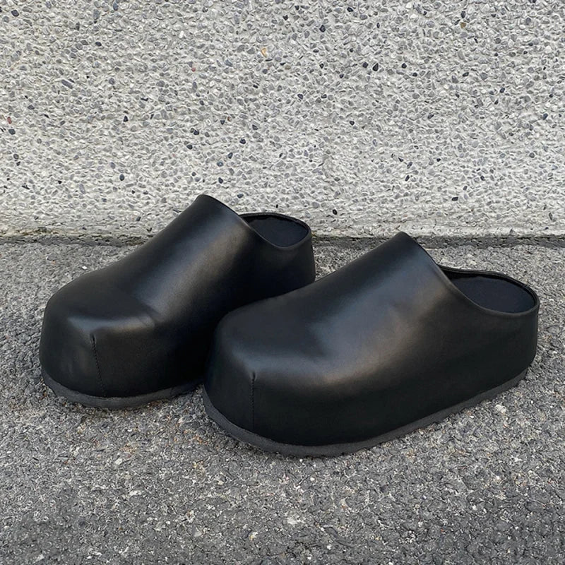 Black Boken leather shoes for men's thick soled design slippers summer new big toe mules shoes outdoor