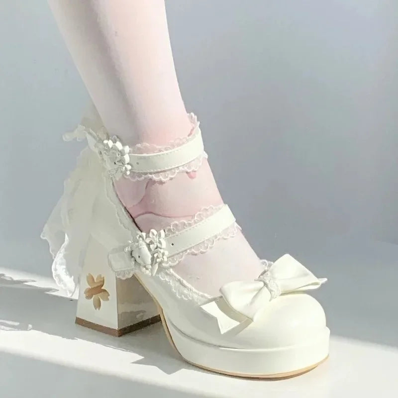 Lovely Girls Lolita Butterfly Knot High Heels Platform Shoes ,Young Women Students Cute sakura Wedding Dress Mary Janes