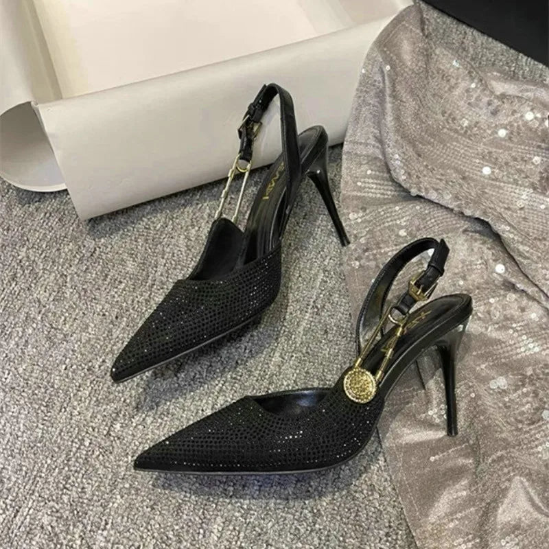 Bling Diamond High Heels Women 2026 Spring Pumps New Pointy Head After Empty Sexy Metal Girl Temperament Baotou French Sandals