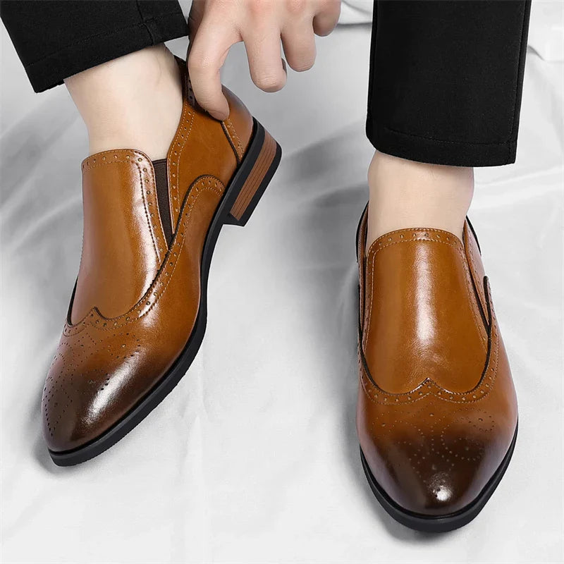 Men's Genuine Leather Brogue Loafers Dress Shoes with Wingtip Perforations Comfortable Business Casual Oxfords Office & Weddings