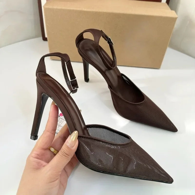 Spring Sexy Ankle Strap Pointed Toe Pumps Woman Sandals Brown Mesh Stiletto Heels Design Ladies Dress Party Shoes