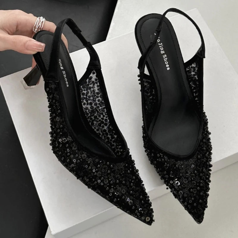 String Beads Mesh Slingback High Heels Women Bling Sexy Sandals Breathable Pointed Toe Pumps Wedding Banquet Party Shoes Femal