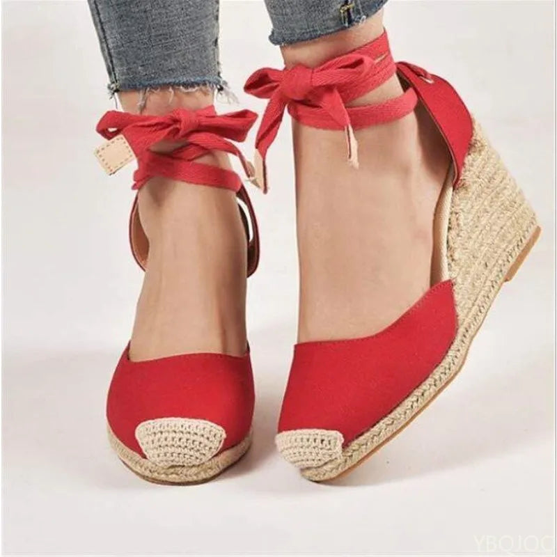 2026 New Large Slope Heel Women's Sandals Thick Bottom Baotou Bag with Foot Ring Strap Cloth Surface Hemp Rope Sandals for Women