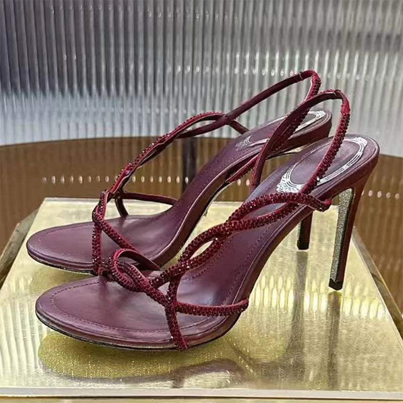 Summer High Heels Sandals For Woman Bling Rhinestone Cross-tied Banquet Dress Shoes Open Toe Stiletto Crystal Sandalias Women