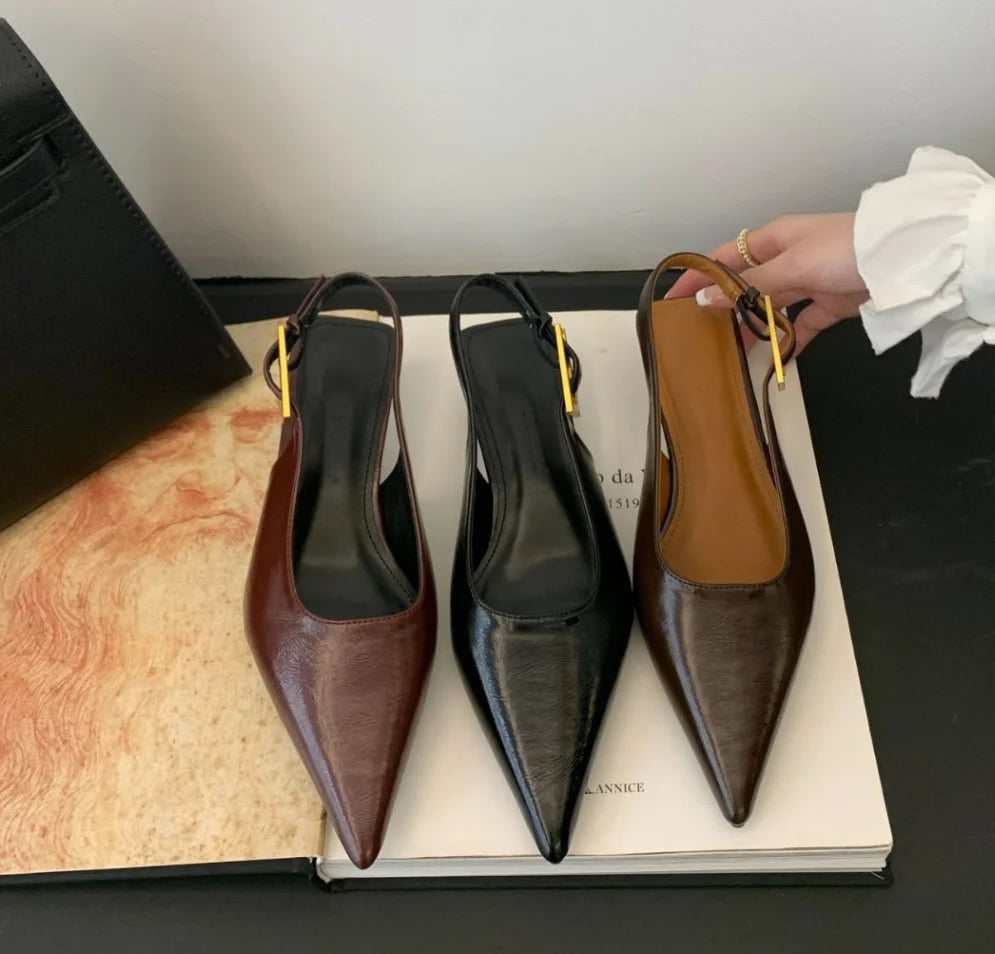 2025 Summer New Women Sandal Fashion Pointed Toe Shallow Slip on Ladies Elegant Slingback Shoes Thin Med Heel Dress Mules Pumps