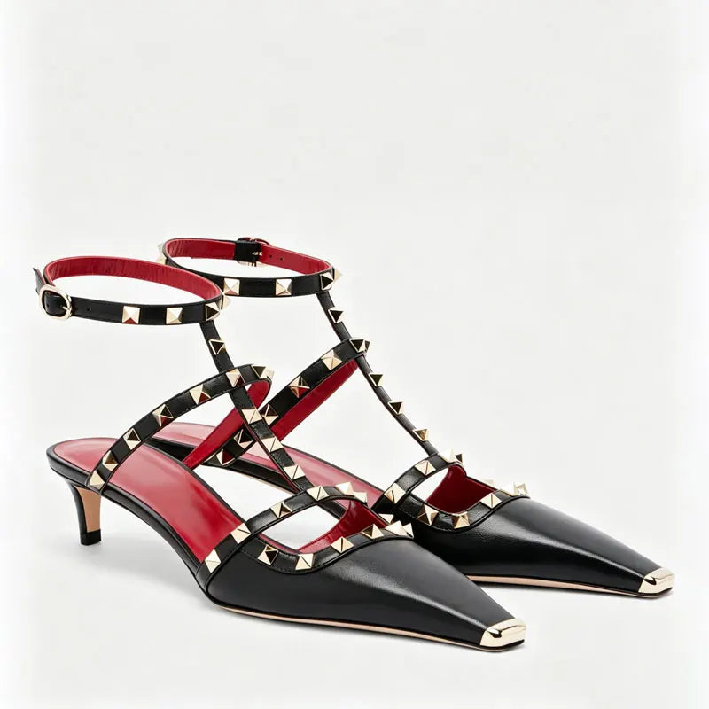 2026 Women's Rivet Low Heel Square Head Stiletto Sandals Fashion Show Party Summer Women's High Heel Sandals