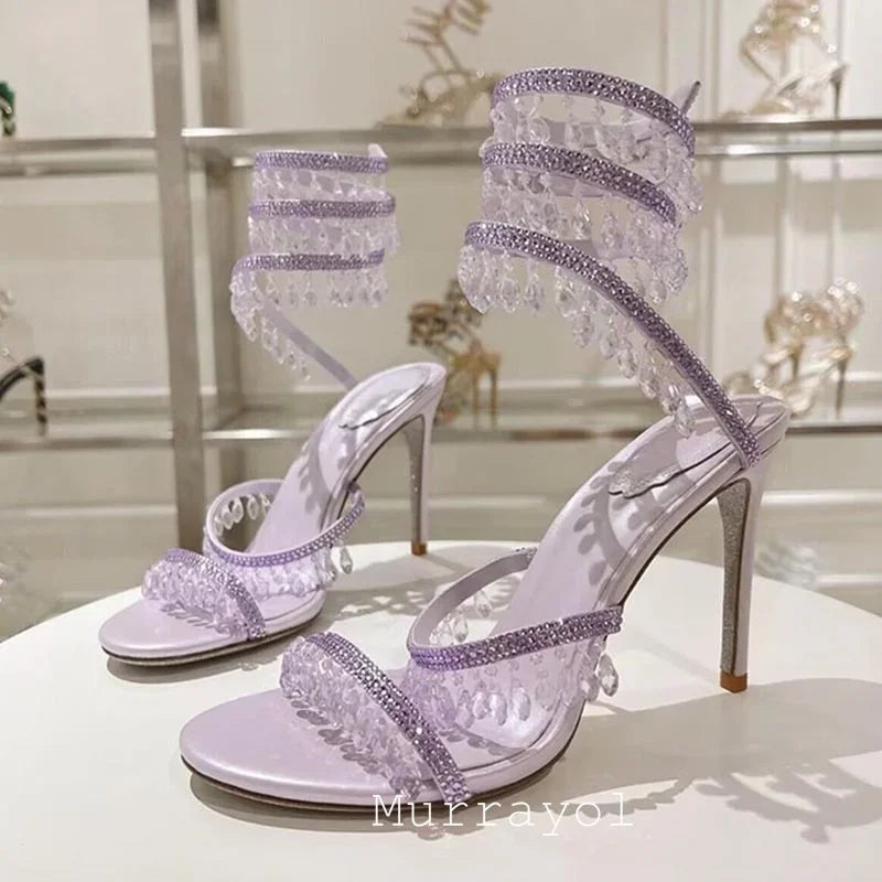Tassels Rhinestone Decor Thin High Heels Sandalias Women Ankle Snake Shaped Strap Entanglement Sandals Summer Party Dress Shoes