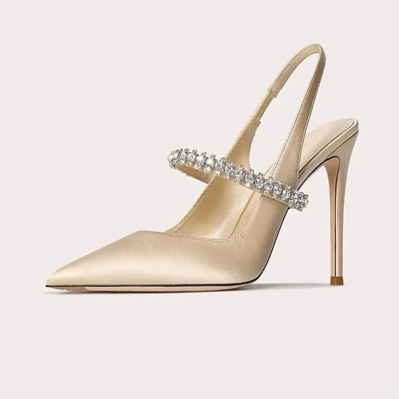 Size 34 45 Women's Diamond Bao Head Sandals New Thin Heel Pointed Sheepskin Leather High Heels Women's Wedding Shoes