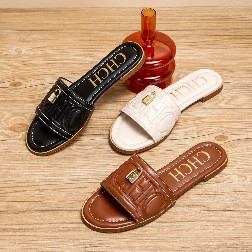Woman Flat Shoes Summer New Solid Color Embossed Sandals Simple Fashion Slippers For Girl Students Shoes