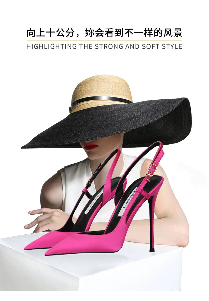 Rose red satin back tripe buckle sandals for women's new style slim heel and sexy European and American style single shoes