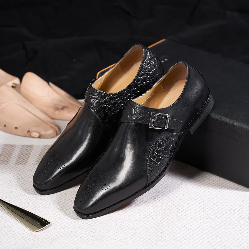 Luxury Men's Genuine Leather Monk Strap Shoes Cowhide Business Office Formal Dress Shoes with Buckle Italian Style for Weddings