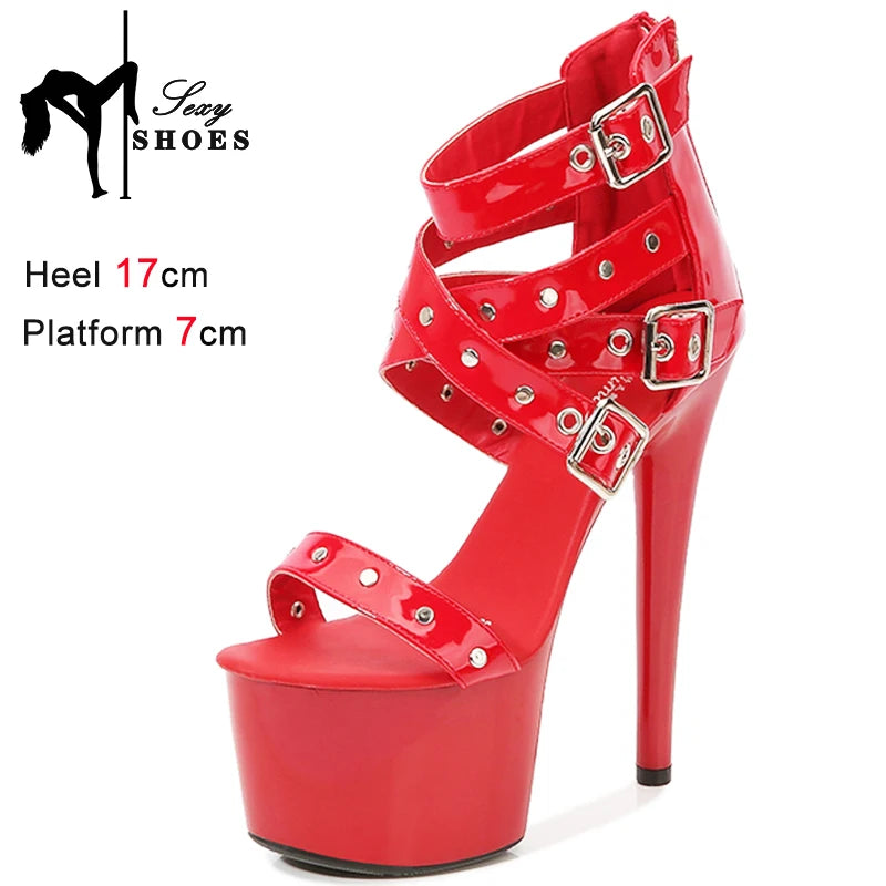 Black Hollow Out Heel Nightclub Stage Sandals Rivet Belt Zip Summer Roman Women Shoes 17CM/7Inchs Model Sexy Wedding High Heels