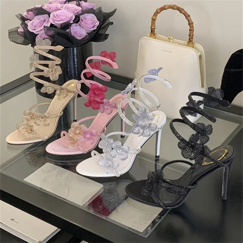 Aneikeh Street Style CRYSTAL Narrow Band Thin High Heels Women Sandals 2026 Summer Open Toe Ankle Strap Female Shoes