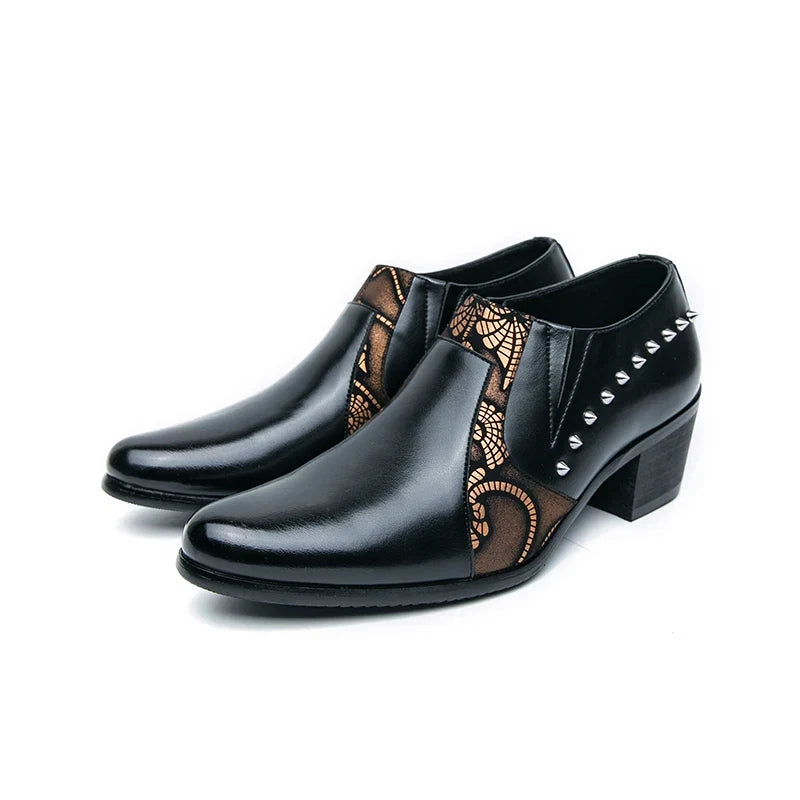 Black Leather Business Dress High Heel Men's Shoes Pointed Toe Slip-on Rivets Elegant Party Wedding Shoes Thick Bottom Plus Size