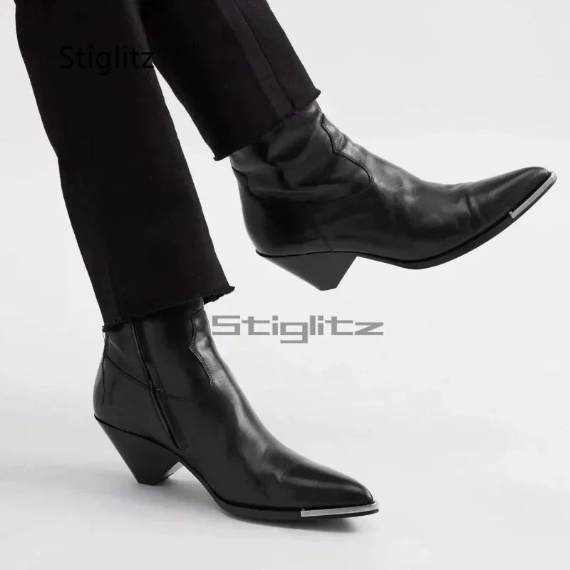 5Cm High Heels Chelsea Boots for Men Pointed Toe Side Zip Retro Western Boots Metal Decor Black Leather Ankle Boots Male Shoes