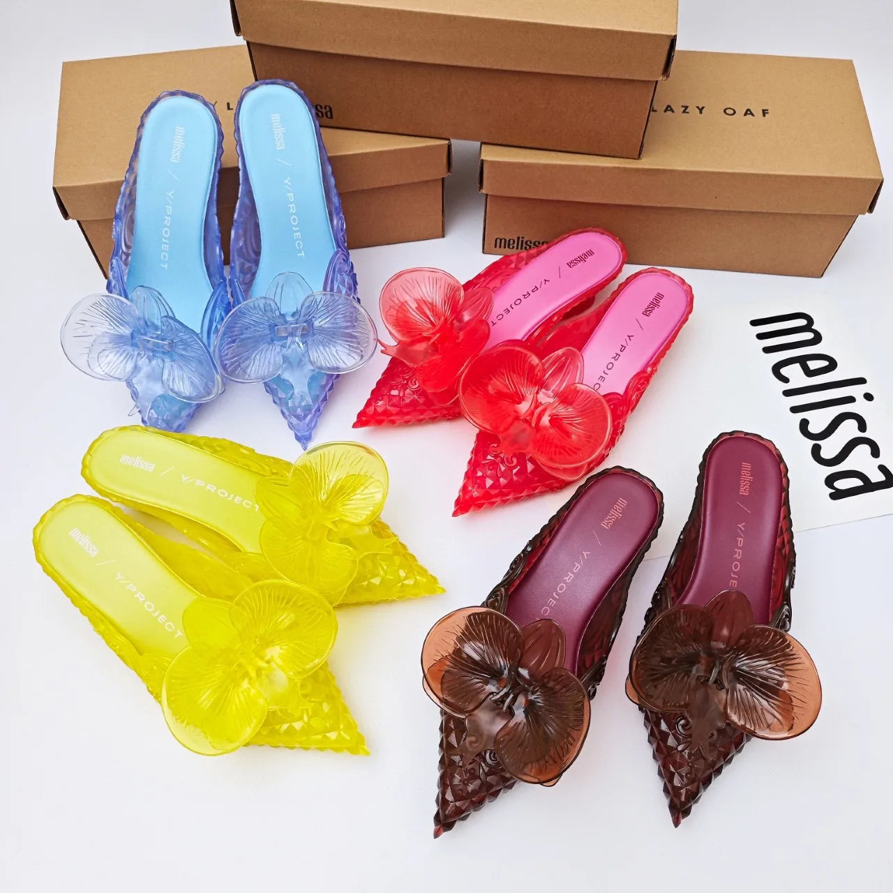 Design Big Butterfly Knot Slides Women Flat Mules Sandals High Quality Cozy PVC Transparent Sandals Pointed Toe Back Strap Shoes