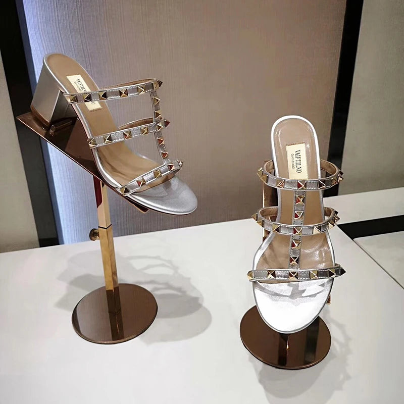 Luxury Women's Shoes Gladiator Shoes Woman 2026 Trend for Women's Sandals Summer Slippers Chunky Heel Leather Rivets High Heels