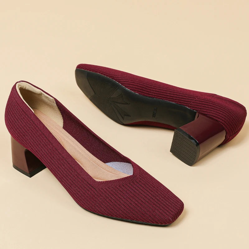 Women's High Heels Comfortable Square Knitted Breathable Comfortable Shoes (5cm High) Autumn 2025 New Collection