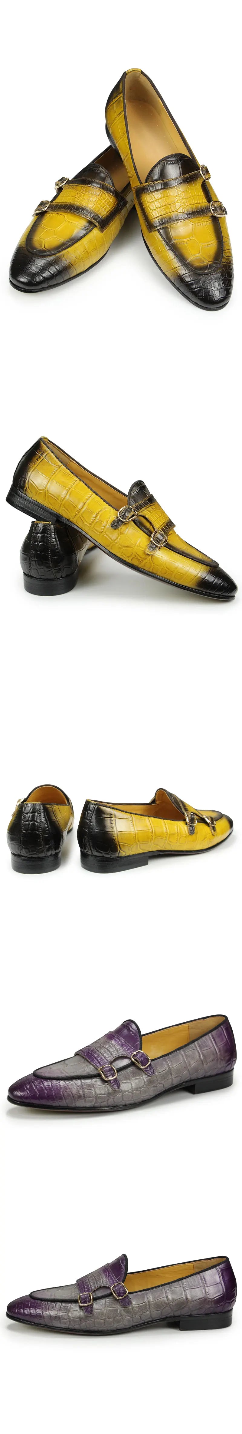 Men Loafers Double Monk Strap Slip on Fashion Casual Penny Footwear Business Wedding Evening Genuine Leather Crocodile Printing
