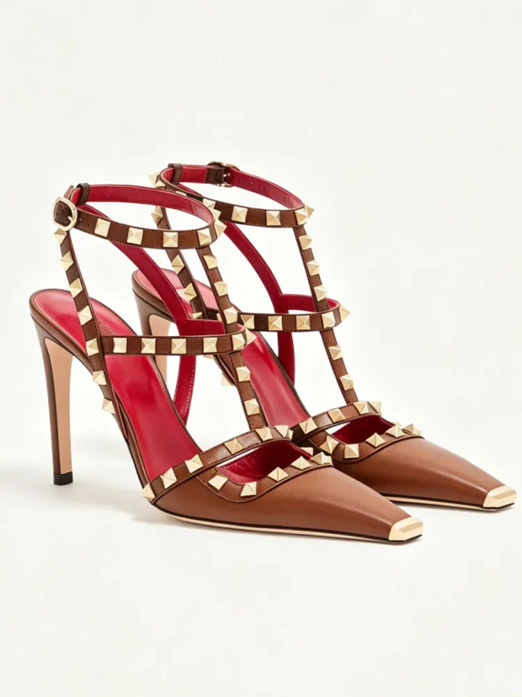 2026 Women's Rivet Low Heel Square Head Stiletto Sandals Fashion Show Party Summer Women's High Heel Sandals