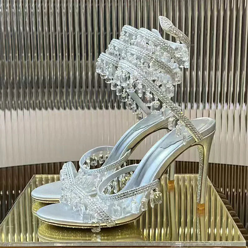 Luxury High Heels Sandals Women Crystal Pendant Snake Twine Around Ankle Strap Wedding Shoes Summer Bohemian Sandals Woman