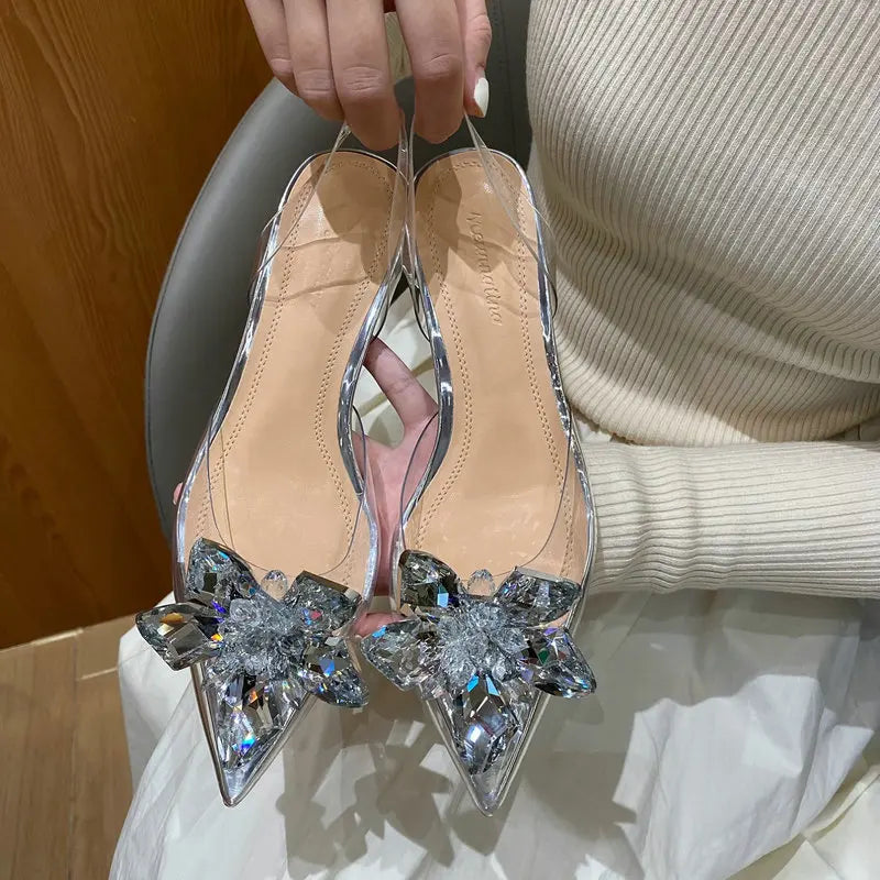 Silver Baotou Sandals Women 2026 New Summer Beautiful Pointy Wine Glass Celebrity Crystal Flower Transparent High Heels