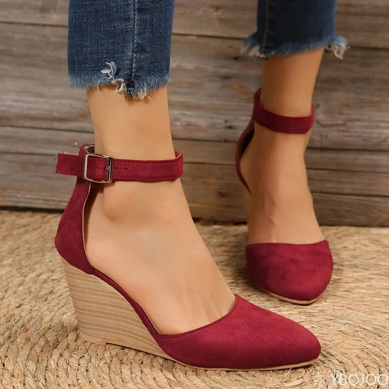 Fashionable pointed toe wedge thick soled buckle women's sandals with straight buckle solid color suede toe cap women's shoes