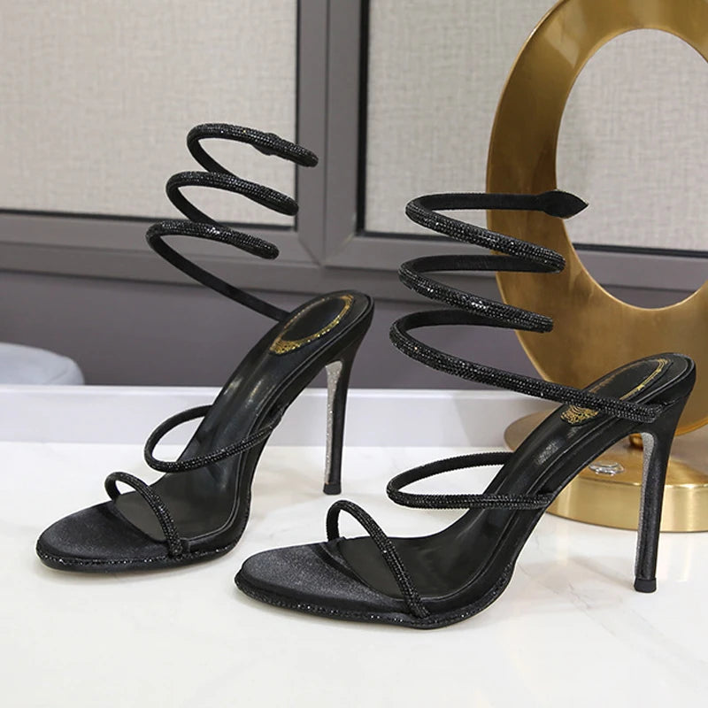 Aneikeh Glitter Crystal Snake Wrapped Sandals Women's Summer Fashion Sexy Rhinestone Thin Heel High Heels Party Prom Shoes