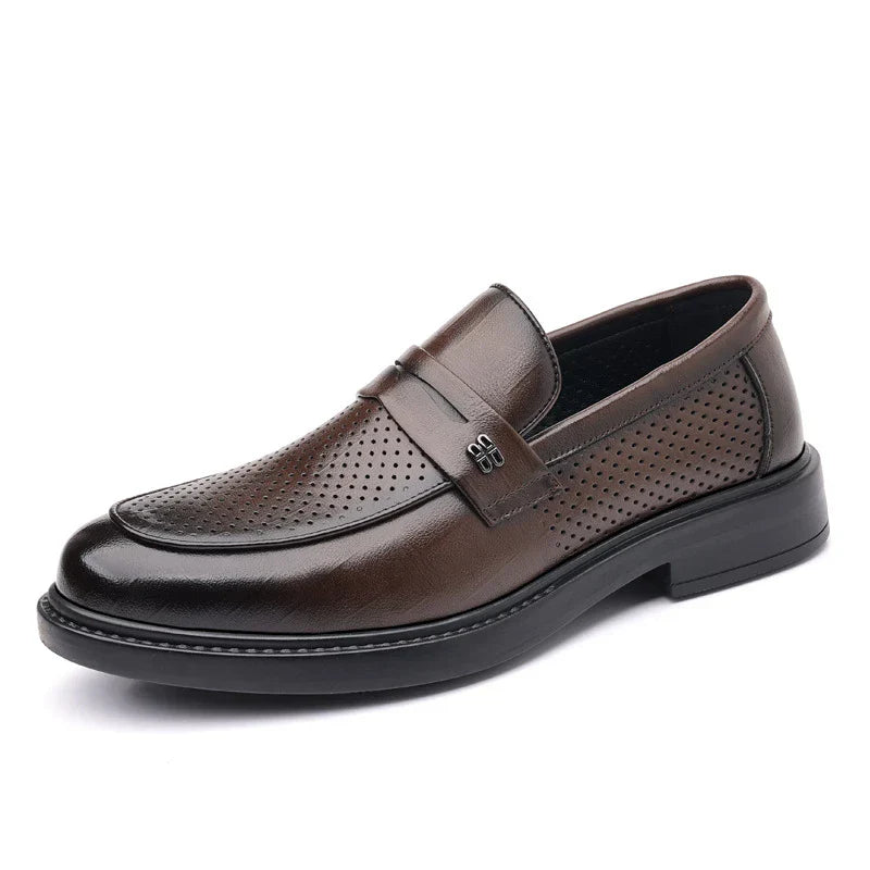 Mens Black Penny Loafers With Perforated Detail Slip On Comfortable Breathable Dress Shoes For Business Office And Summer Wear