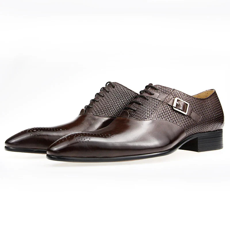 Mens Formal Genuine Leather Shoes Fashion Zapato Social Male Wedding Dress Loafer Weave Printing Lace-up Daily Brogue Shoes