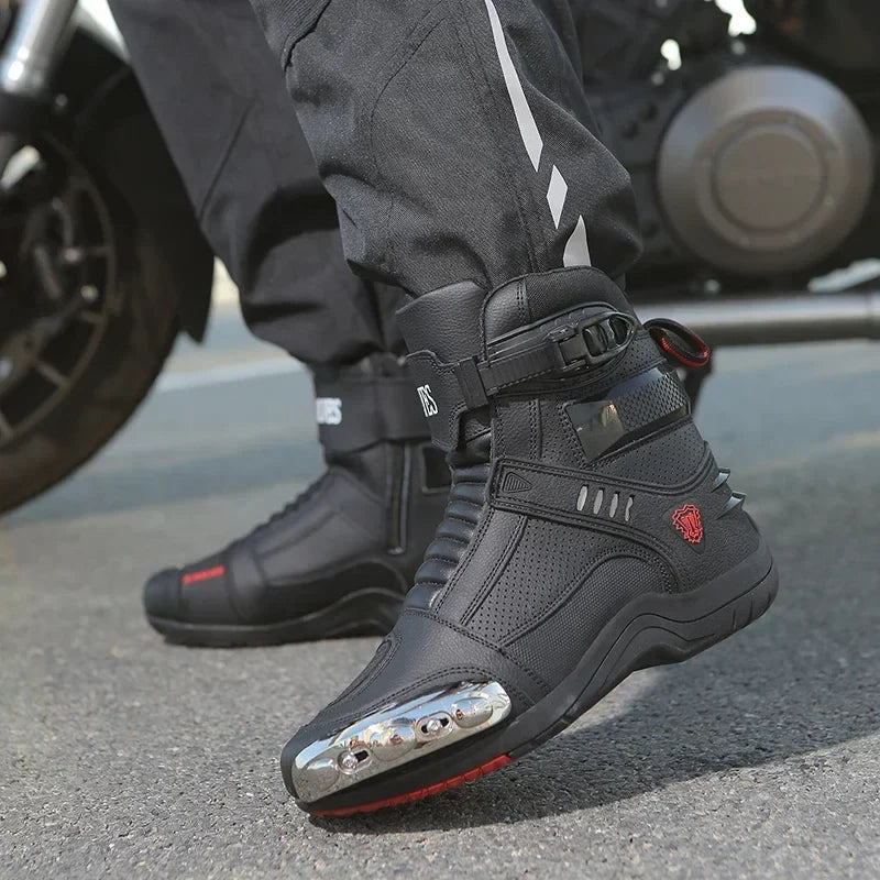 Men Motorcycle Boots Breathable Anti-fall Rider Road Racing Casual Shoes Boots Gear Shift Rubber Sole Reflective Motorbike Shoes
