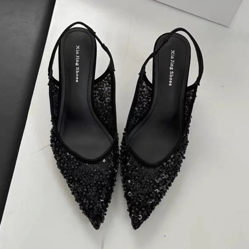 String Beads Mesh Slingback High Heels Women Bling Sexy Sandals Breathable Pointed Toe Pumps Wedding Banquet Party Shoes Femal