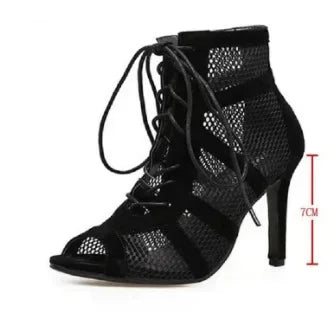 Sexy High Heels Hollow Women's Sandals Cross-tied Peep Toe Casual  Women Shoes Ankle Strap Dance Shoes Black Net Female Pumps