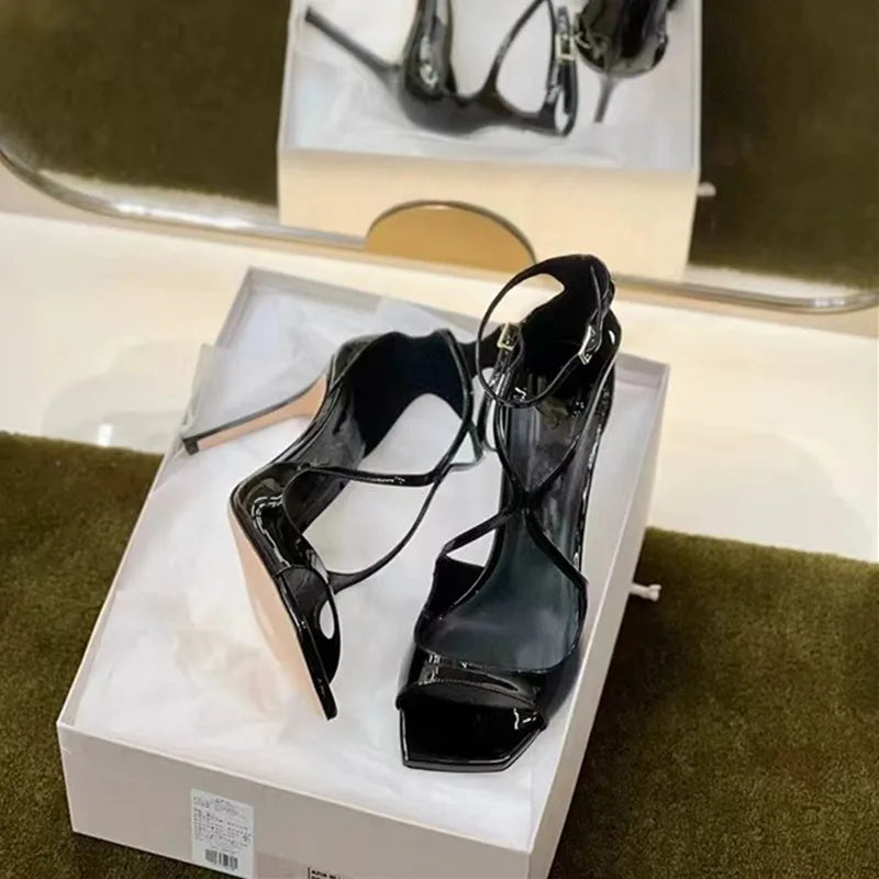 2026 Summer New Brand Patent Leather Women Gladiator Sandals Fashion Square Toe Stiletto High Heels Party Dress Shoes Sandalias