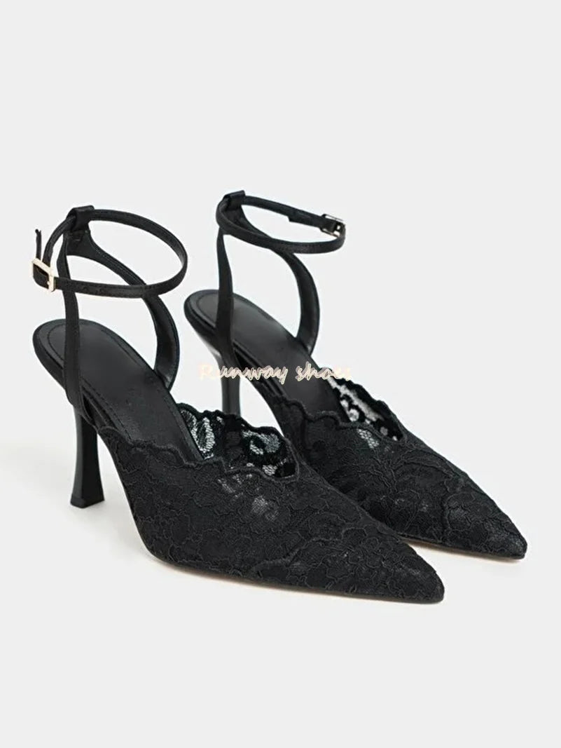 Pointed Color Blocking Lace is Breathable Women's Wedding Shoes Mesh One-strip Stilettos Luxury Women's Shoes Shallow Banquet Sh