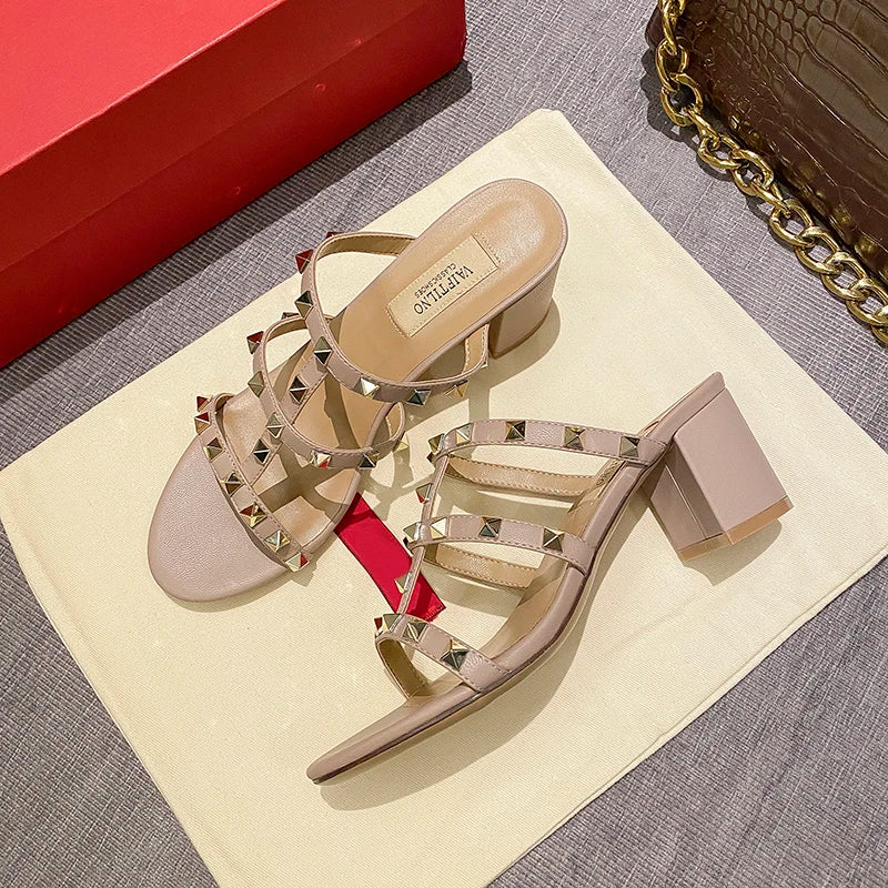 Luxury Women's Shoes Gladiator Shoes Woman 2026 Trend for Women's Sandals Summer Slippers Chunky Heel Leather Rivets High Heels