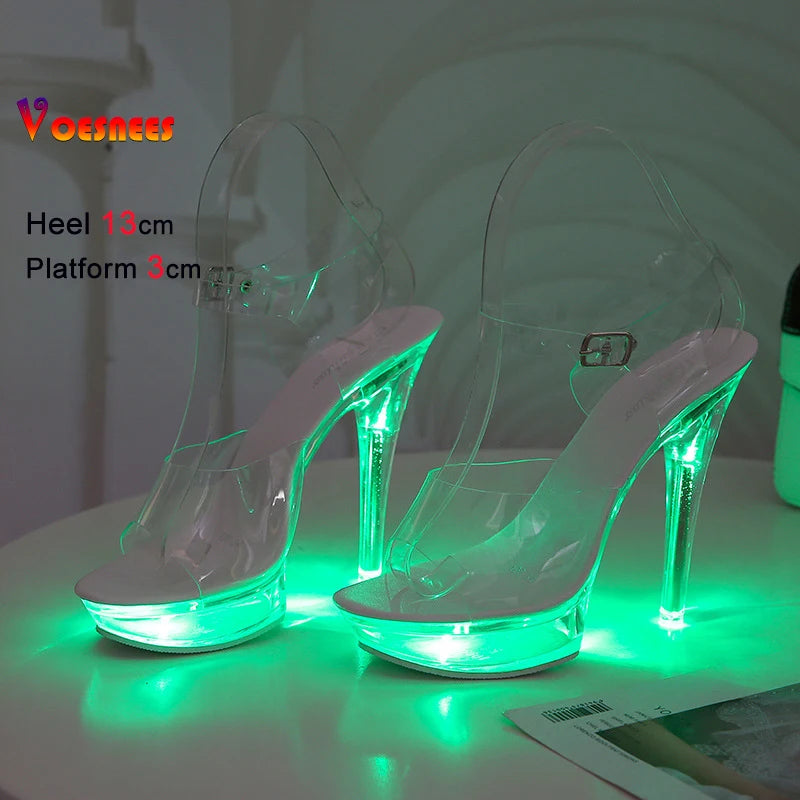 Summer Led Illuminated Women Slippers Super High Heel 13cm Crystal Ankle Buckle Sandals Transparent Platform Female Party Shoes