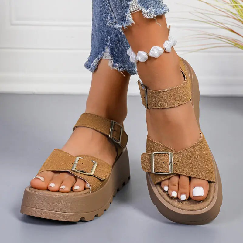 Classic Suede Metal Buckle Thick Bottom Sandals Women Summer 2026 Soft Platform Wedge Heel Sandals Plus Size Woman's Beach Shoes