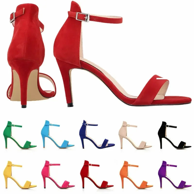 2026 New Women Sexy Pumps Sandals Summer 9cm Thin Heel Open Toe Ankle Strap High Heels Ladies Stilettos Party Red Wedding Shoes