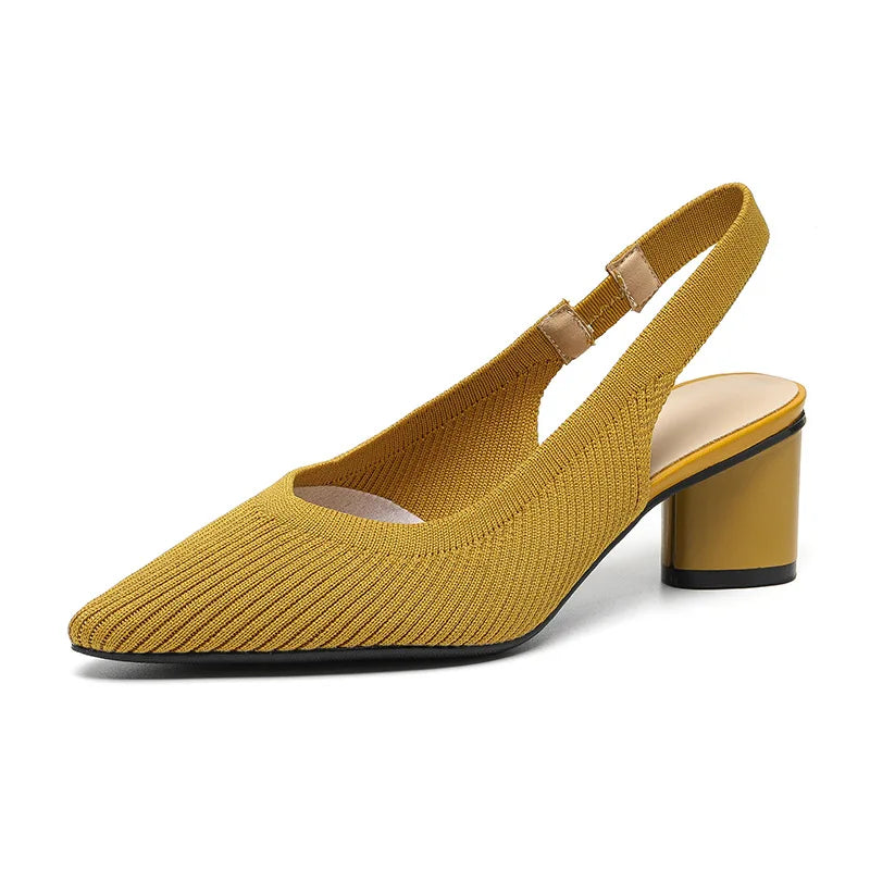 Sandals for Women Heels Knitted Rear Empty Strap Fashion Sandals Pointed Head Shallow Mouth Side Empty Daily Thick Heel Sandals