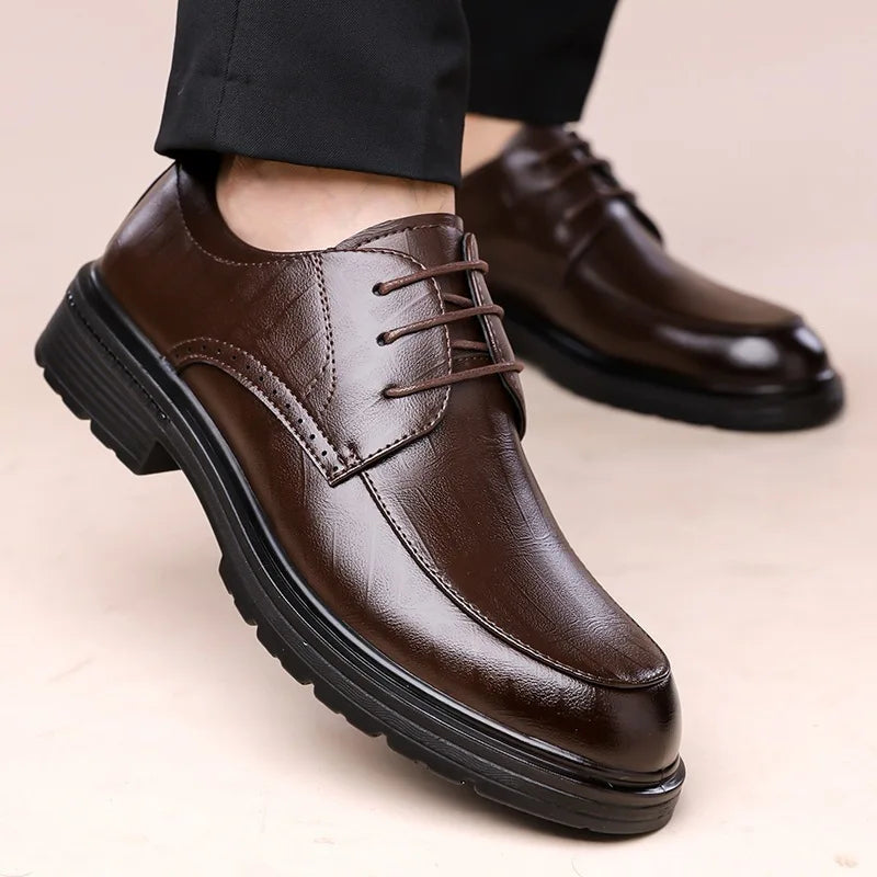 Men's Lace-up Business Casual Leather Shoes Spring Autumn New Platform Work Shoes Male Fashion Solid Color Dress Shoe Man