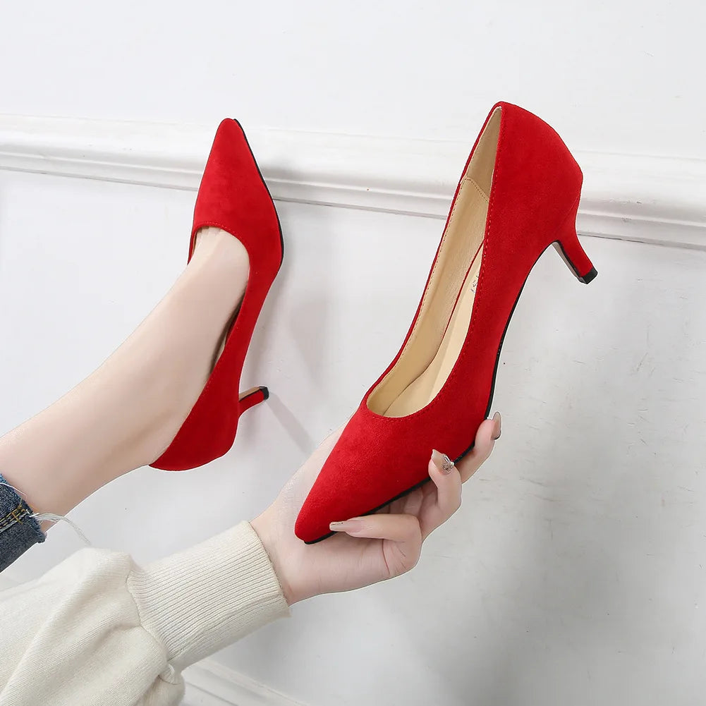 Low Heel Pumps Lady Pointed Toe Kitten Heels Female Green Flock Plus Size spring Red Shoes  Women 5cm High Heels