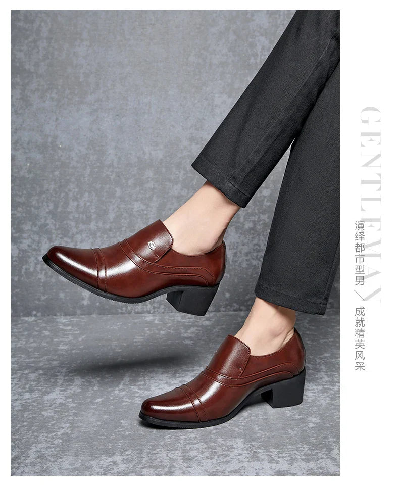 Men Business Formal Height Increasing Leather Shoes Classic Retro Elevated Loafers Lift Dress Shoes for Wedding Banquet Office