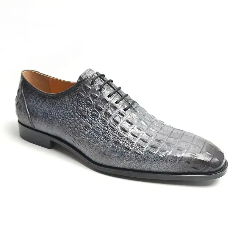 Deluxe Leather Shoes Crocodile Pattern Lace Up Wedding Shoes for Men Business Casual Leather Shoes Round Toe Height Increasing