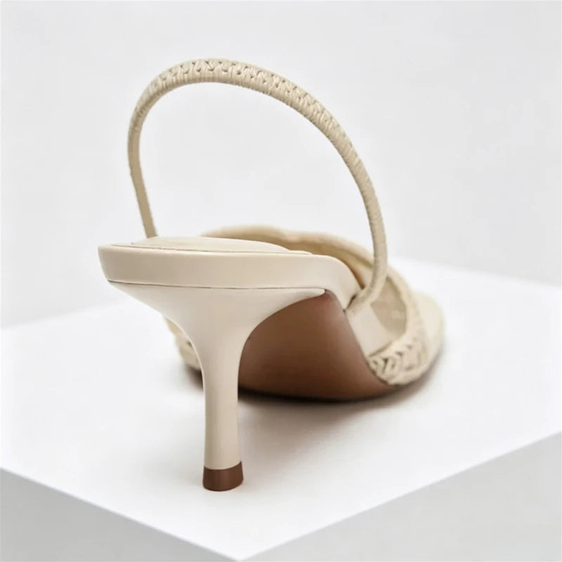 Mesh Woven Design Thin High Heels Women Sexy Pointed Toe Breathable Back Strap Heeled Sandals Elegant Beige Party Dress Shoes