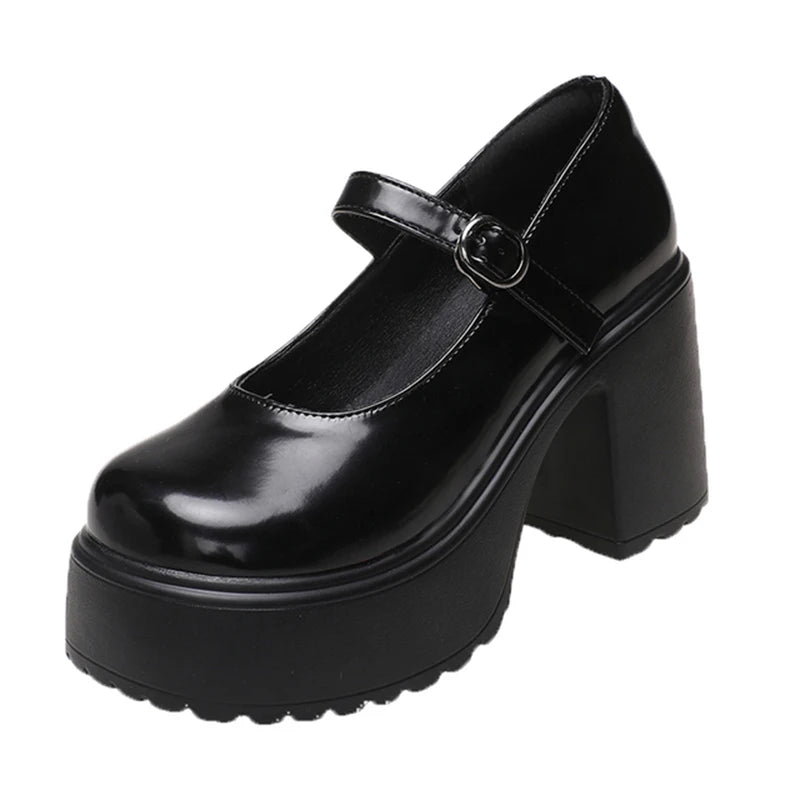 Black Super High Heels Mary Jane Shoes Women 2026 Goth Chunky Platform Pumps Woman Plus Size Ankle Buckle Party Lolita Shoes 42